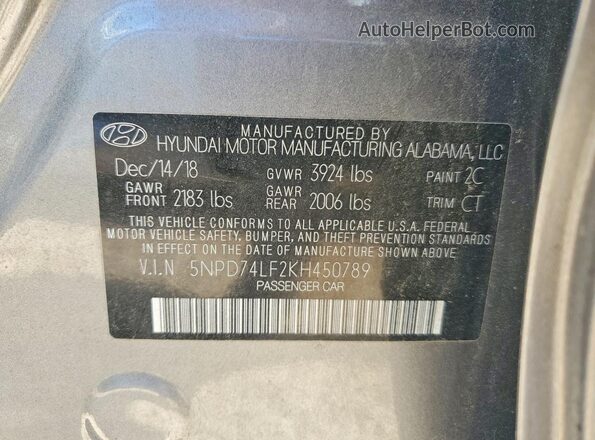 5NPD74LF2KH450789 2019 HYUNDAI ELANTRA Gray Vista del compartimento del motor