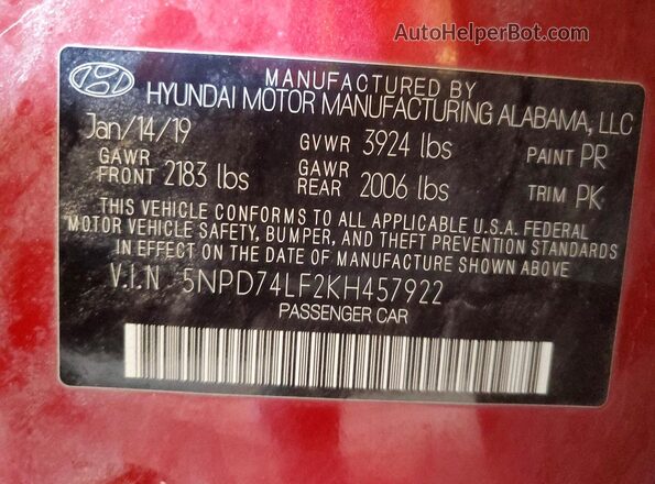 5NPD74LF2KH457922 2019 HYUNDAI ELANTRA Red Vista del compartimento del motor