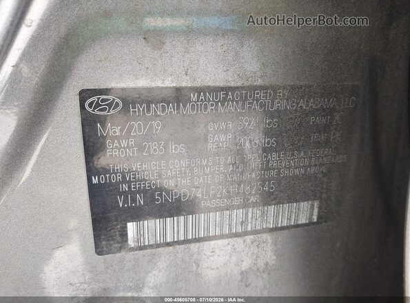 5NPD74LF2KH482545 2019 HYUNDAI ELANTRA Gray Widok komory silnika