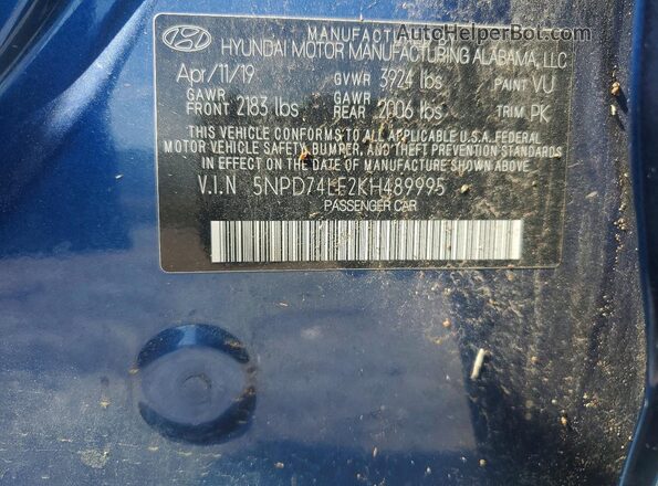 5NPD74LF2KH489995 2019 HYUNDAI ELANTRA Blue Vista del compartimento del motor
