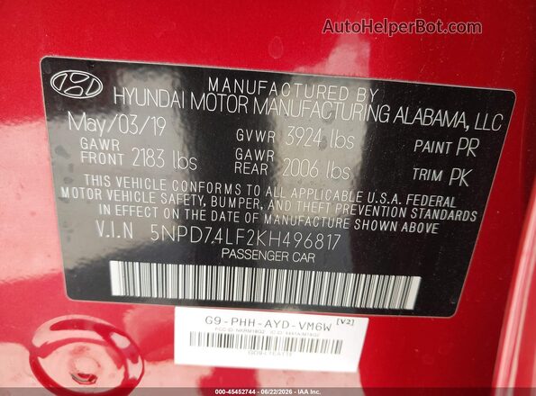 5NPD74LF2KH496817 2019 HYUNDAI ELANTRA Red Շարժիչի բաժամունքի տեսք
