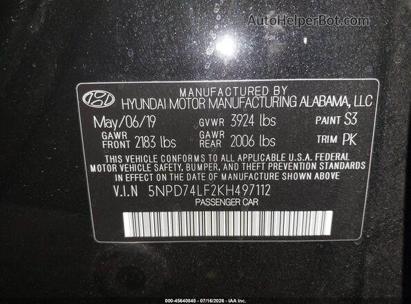 5NPD74LF2KH497112 2019 HYUNDAI ELANTRA Black Widok komory silnika