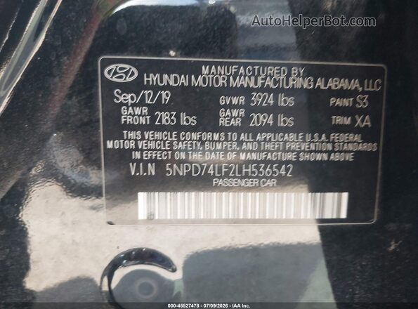 5NPD74LF2LH536542 2020 HYUNDAI ELANTRA Black Շարժիչի բաժամունքի տեսք