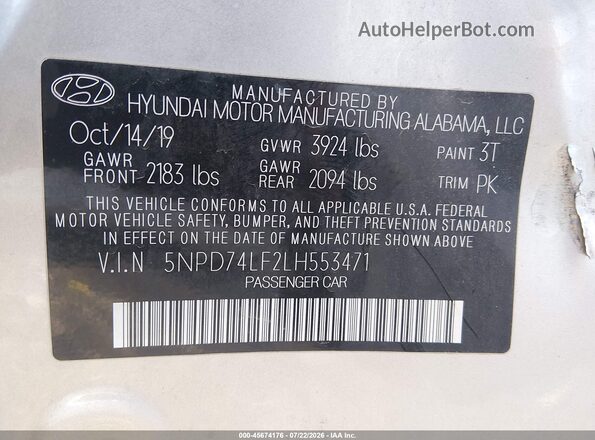 5NPD74LF2LH553471 2020 HYUNDAI ELANTRA Silver ძრავის განყოფილების ხედი