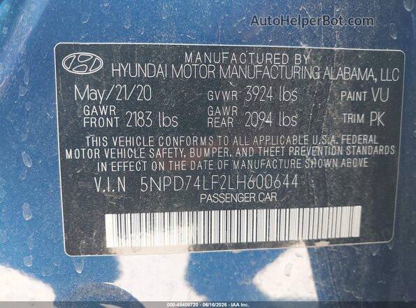 5NPD74LF2LH600644 2020 HYUNDAI ELANTRA Blue ძრავის განყოფილების ხედი
