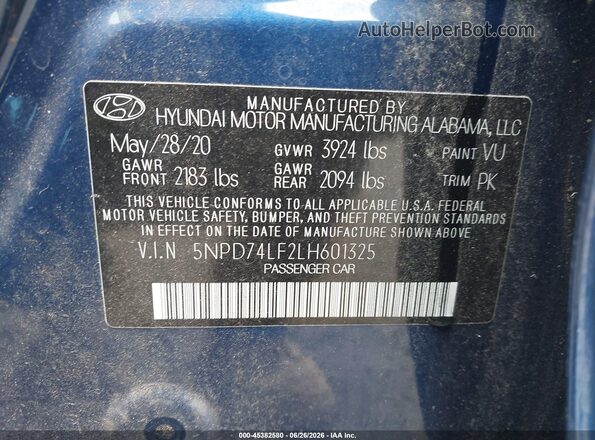 5NPD74LF2LH601325 2020 HYUNDAI ELANTRA Dark Blue Widok komory silnika