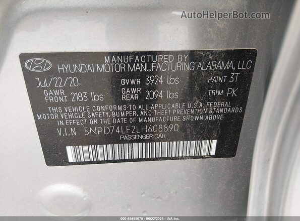 5NPD74LF2LH608890 2020 HYUNDAI ELANTRA Silver ძრავის განყოფილების ხედი