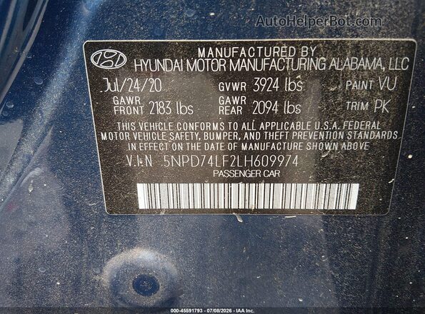 5NPD74LF2LH609974 2020 HYUNDAI ELANTRA Blue Vista del compartimento del motor