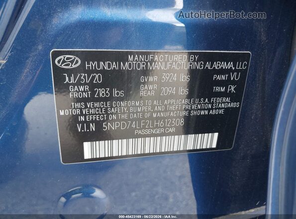 5NPD74LF2LH612308 2020 HYUNDAI ELANTRA Blue Vista del compartimento del motor