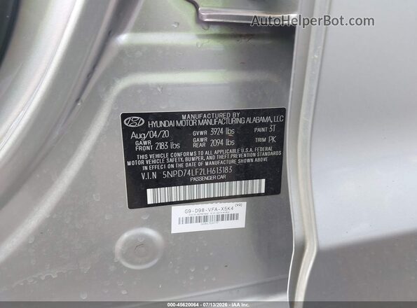 5NPD74LF2LH613183 2020 HYUNDAI ELANTRA Серебряный Вид подкапотного пространства
