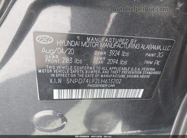5NPD74LF2LH613202 2020 HYUNDAI ELANTRA Gray Вид підкапотного простору