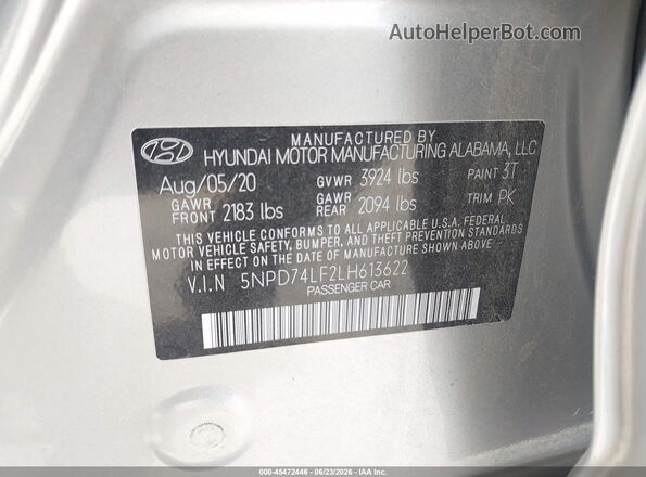 5NPD74LF2LH613622 2020 HYUNDAI ELANTRA Серебряный Вид подкапотного пространства