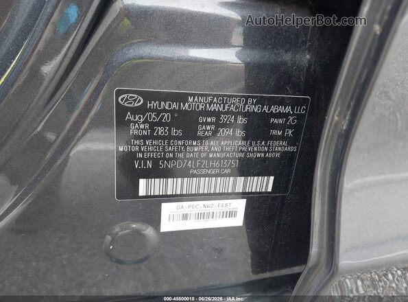 5NPD74LF2LH613751 2020 HYUNDAI ELANTRA Gray Вид підкапотного простору