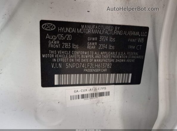 5NPD74LF2LH613782 2020 HYUNDAI ELANTRA White Widok komory silnika
