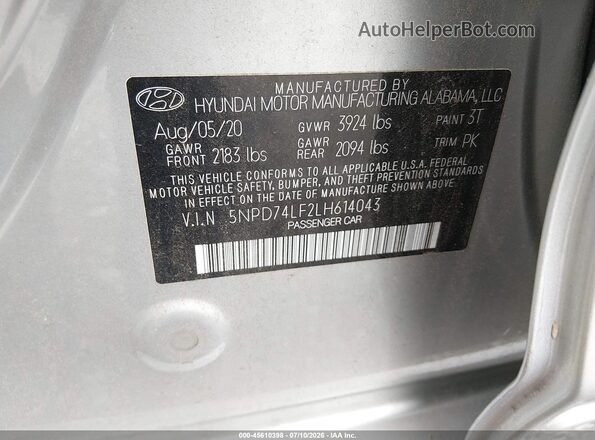 5NPD74LF2LH614043 2020 HYUNDAI ELANTRA Серебряный Вид подкапотного пространства
