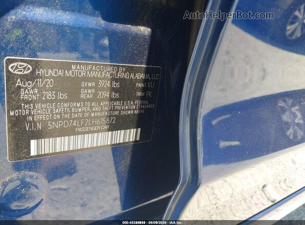 5NPD74LF2LH615872 2020 HYUNDAI ELANTRA Синий Вид подкапотного пространства