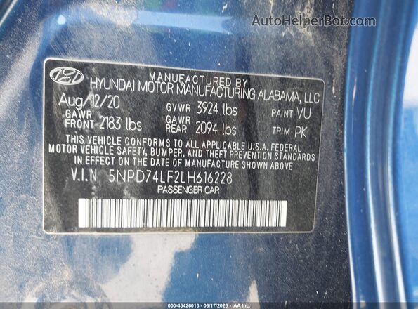 5NPD74LF2LH616228 2020 HYUNDAI ELANTRA Blue ძრავის განყოფილების ხედი