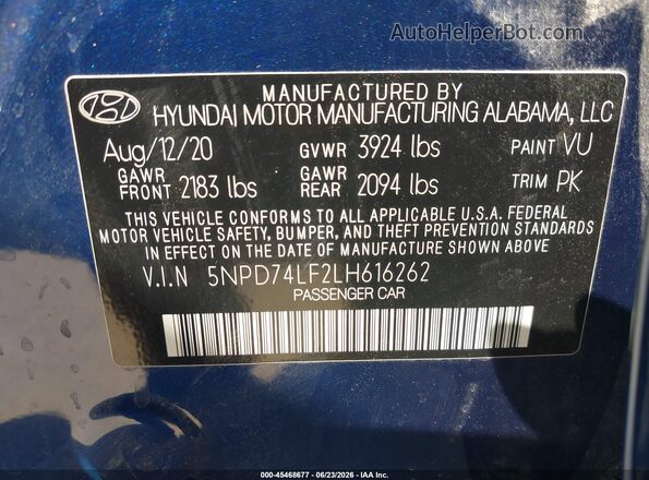 5NPD74LF2LH616262 2020 HYUNDAI ELANTRA Синий Вид подкапотного пространства