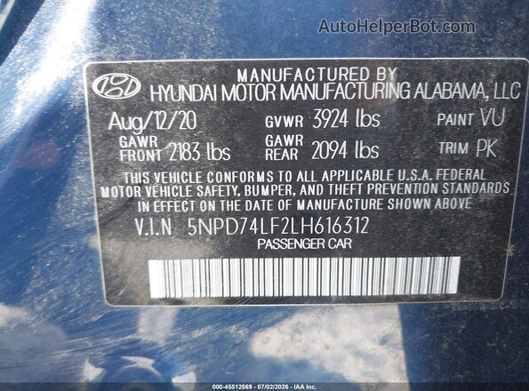 5NPD74LF2LH616312 2020 HYUNDAI ELANTRA Blue Engine compartment view