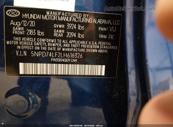 5NPD74LF2LH616326 2020 HYUNDAI ELANTRA Blue Widok komory silnika