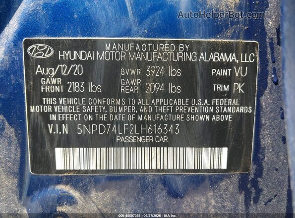5NPD74LF2LH616343 2020 HYUNDAI ELANTRA Blue Vista del compartimento del motor