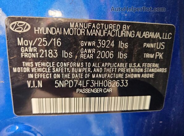 5NPD74LF3HH082633 2017 HYUNDAI ELANTRA Blue Вид підкапотного простору