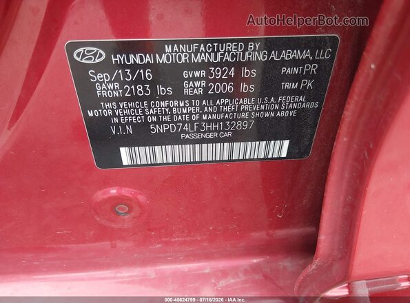 5NPD74LF3HH132897 2017 HYUNDAI ELANTRA Red ძრავის განყოფილების ხედი