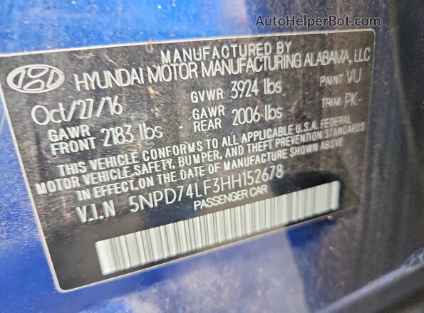 5NPD74LF3HH152678 2017 HYUNDAI ELANTRA Blue Engine compartment view