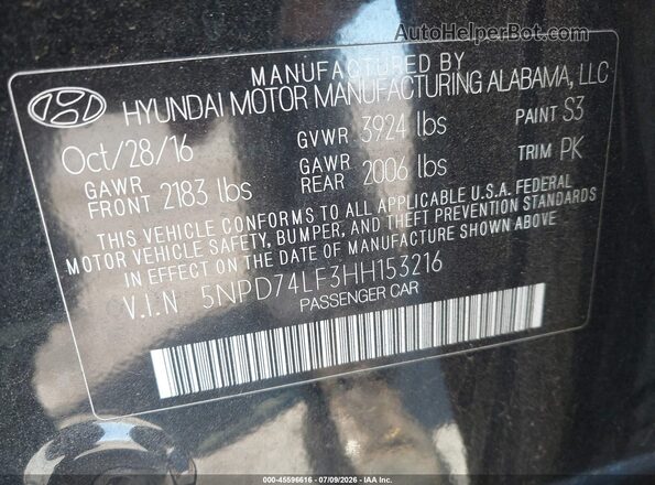 5NPD74LF3HH153216 2017 HYUNDAI ELANTRA Black ძრავის განყოფილების ხედი