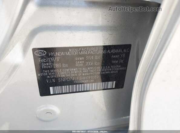 5NPD74LF3HH191089 2017 HYUNDAI ELANTRA Silver Շարժիչի բաժամունքի տեսք