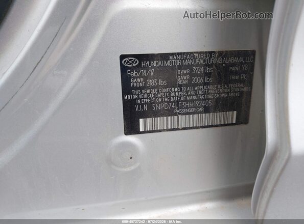 5NPD74LF3HH192405 2017 HYUNDAI ELANTRA Silver Engine compartment view