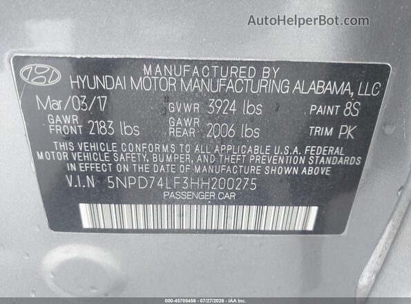 5NPD74LF3HH200275 2017 HYUNDAI ELANTRA Silver ძრავის განყოფილების ხედი