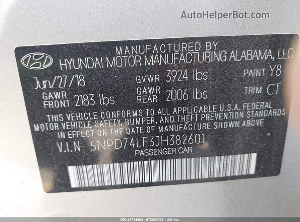 5NPD74LF3JH382601 2018 HYUNDAI ELANTRA Gray Вид підкапотного простору