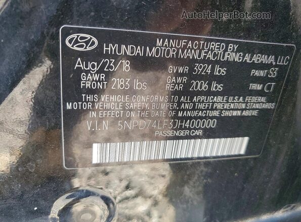 5NPD74LF3JH400000 2018 HYUNDAI ELANTRA Black VIN კოდის სტიკერის ხედი