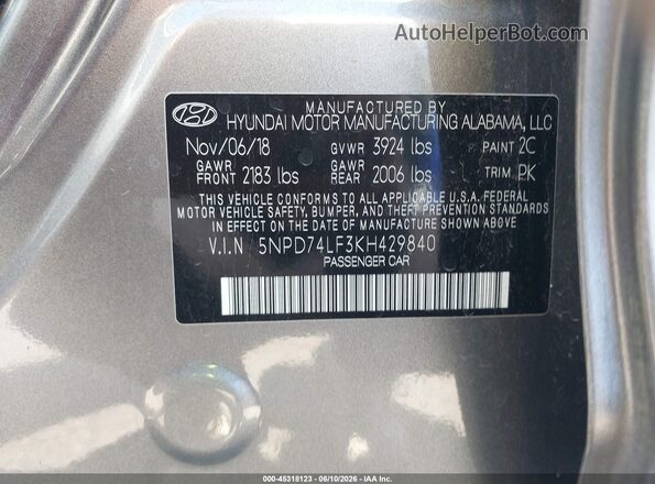 5NPD74LF3KH429840 2019 HYUNDAI ELANTRA Серый Вид подкапотного пространства