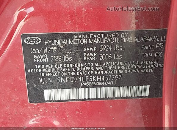 5NPD74LF3KH457797 2019 HYUNDAI ELANTRA Red Вид підкапотного простору