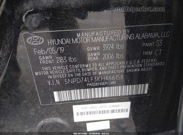 5NPD74LF3KH466158 2019 HYUNDAI ELANTRA Black Vista del compartimento del motor