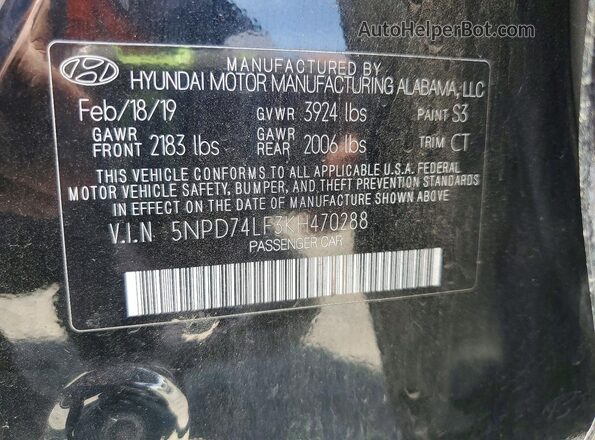 5NPD74LF3KH470288 2019 HYUNDAI ELANTRA Black ძრავის განყოფილების ხედი