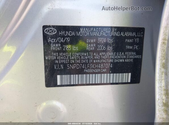 5NPD74LF3KH487074 2019 HYUNDAI ELANTRA White Widok komory silnika