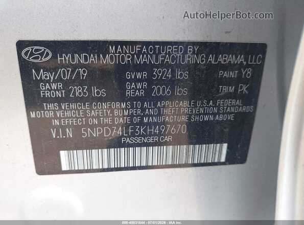 5NPD74LF3KH497670 2019 HYUNDAI ELANTRA Silver Vista del compartimento del motor