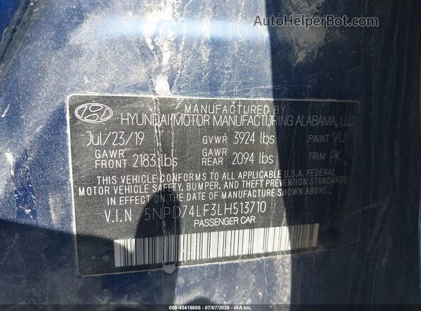 5NPD74LF3LH513710 2020 HYUNDAI ELANTRA Gray Engine compartment view
