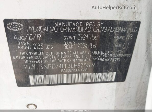5NPD74LF3LH523489 2020 HYUNDAI ELANTRA White Widok komory silnika