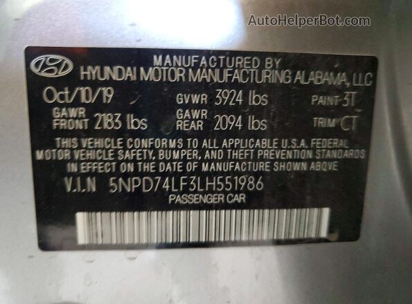 5NPD74LF3LH551986 2020 HYUNDAI ELANTRA Silver Вид підкапотного простору