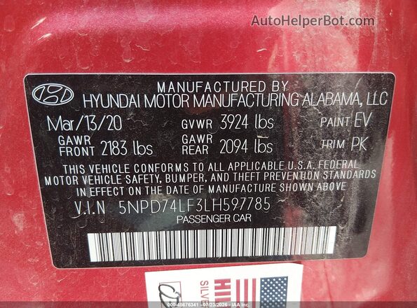 5NPD74LF3LH597785 2020 HYUNDAI ELANTRA Red Widok komory silnika