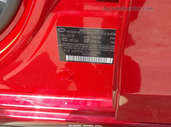 5NPD74LF3LH600488 2020 HYUNDAI ELANTRA Red ძრავის განყოფილების ხედი