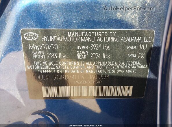5NPD74LF3LH600524 2020 HYUNDAI ELANTRA Blue ძრავის განყოფილების ხედი