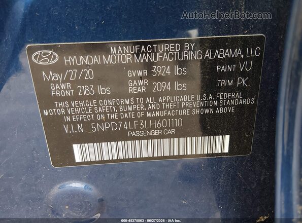 5NPD74LF3LH601110 2020 HYUNDAI ELANTRA Blue Widok komory silnika