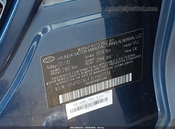 5NPD74LF3LH601124 2020 HYUNDAI ELANTRA Синий Вид подкапотного пространства