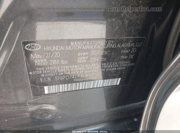 5NPD74LF3LH601172 2020 HYUNDAI ELANTRA Gray ძრავის განყოფილების ხედი