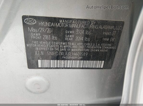 5NPD74LF3LH601589 2020 HYUNDAI ELANTRA Silver Vista del compartimento del motor